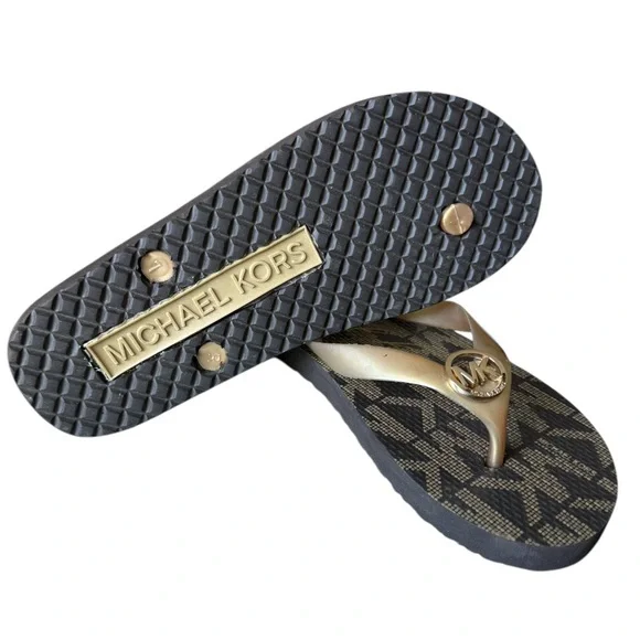 Michael Kors Jet Set Signature Flip Flops Brown/Gold Logo Size 7 - Picture 9 of 10